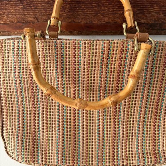 Relic—Woven Raffia Stripe Handbag Purse, Bamboo Handles - Picture 6 of 7